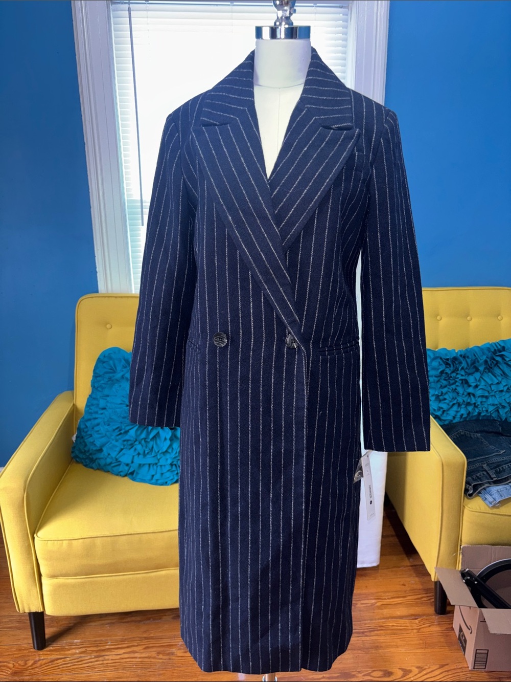 Aqua Navy Pinstripe Double-Breasted Long Blazer